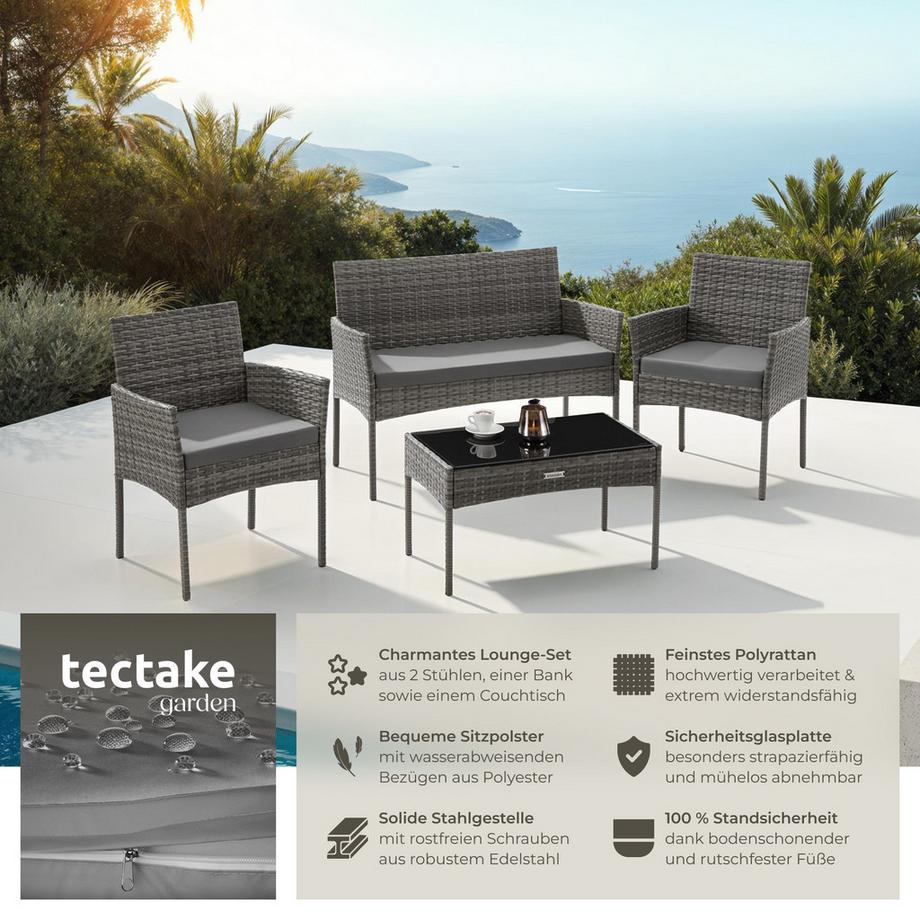 Tectake Rattan Gartenset Palese für 4 Personen wasserabweisende, abnehmbare Polyesterbezüge  