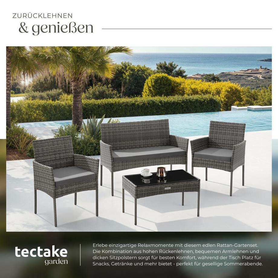 Tectake Rattan Gartenset Palese für 4 Personen wasserabweisende, abnehmbare Polyesterbezüge  