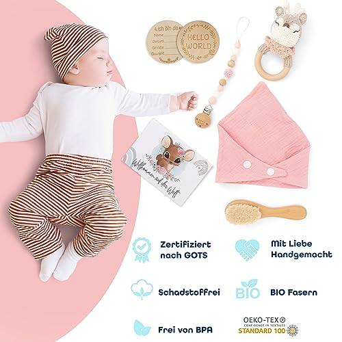 Activity-board  Cadeau bébé fille [6 pièces] pour nouveau-né | Jouet fait main, écharpe triangle, carte jalon, hochet, brosse | Cadeau de naissance, baby shower 