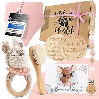 Activity-board  Cadeau bébé fille [6 pièces] pour nouveau-né | Jouet fait main, écharpe triangle, carte jalon, hochet, brosse | Cadeau de naissance, baby shower 