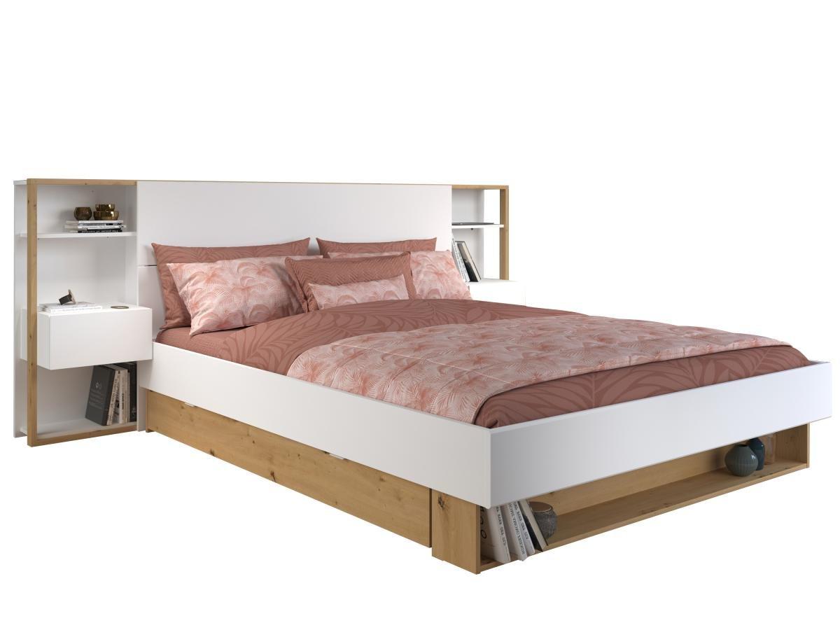 Vente-unique Letto con comodini e scomparti 160 x 200 cm Bianco e Naturale - MISTA  