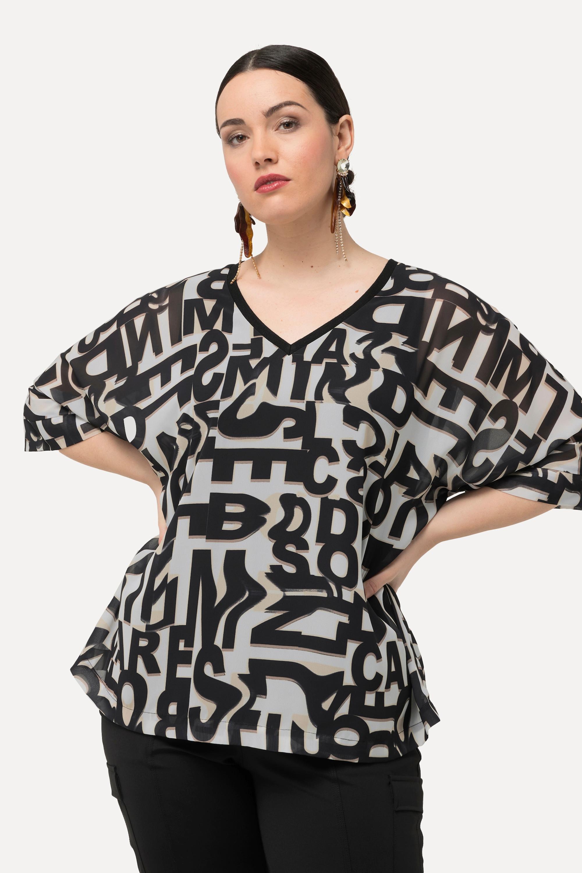 Ulla Popken Tunica Stampa Lettere Scollo a V Maniche 3/4  