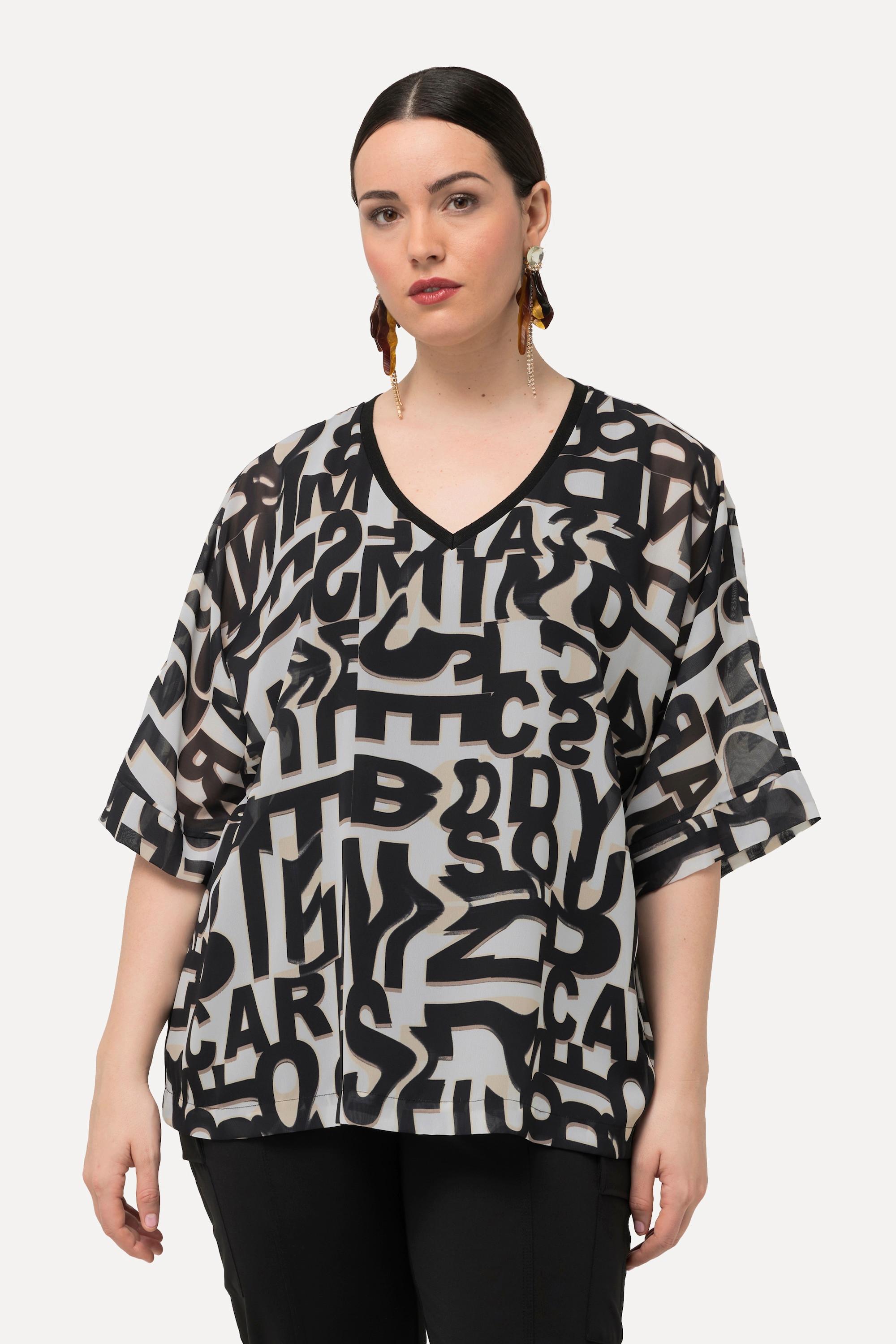 Ulla Popken Tunica Stampa Lettere Scollo a V Maniche 3/4  