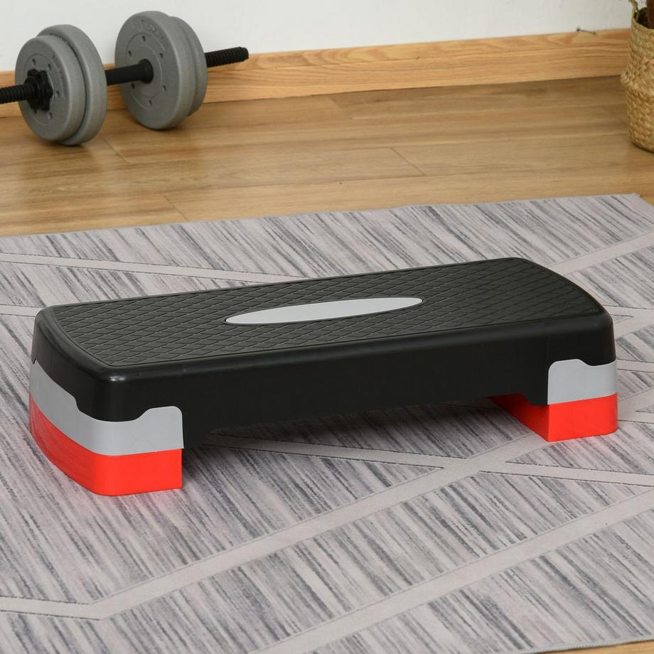 Stepping Board Aerobic Fitness 2 Niveaux Réglable En Hauteur (10/20 Cm), Vélo D'Appartement Stepper, Noir + Gris + Rouge, 68 X 28 X 15 Cm