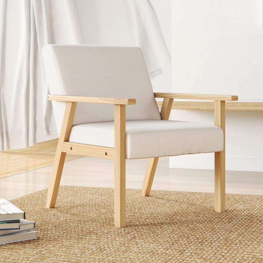 Northio Loungesessel mit Armlehnen, Esszimmerstuhl, Relaxsessel in Leinenoptik, Polstersessel für Wohnzimmer, Schlafzimmer, Massivholzrahmen, 64 x 70 x 72 cm, Cremeweiß  