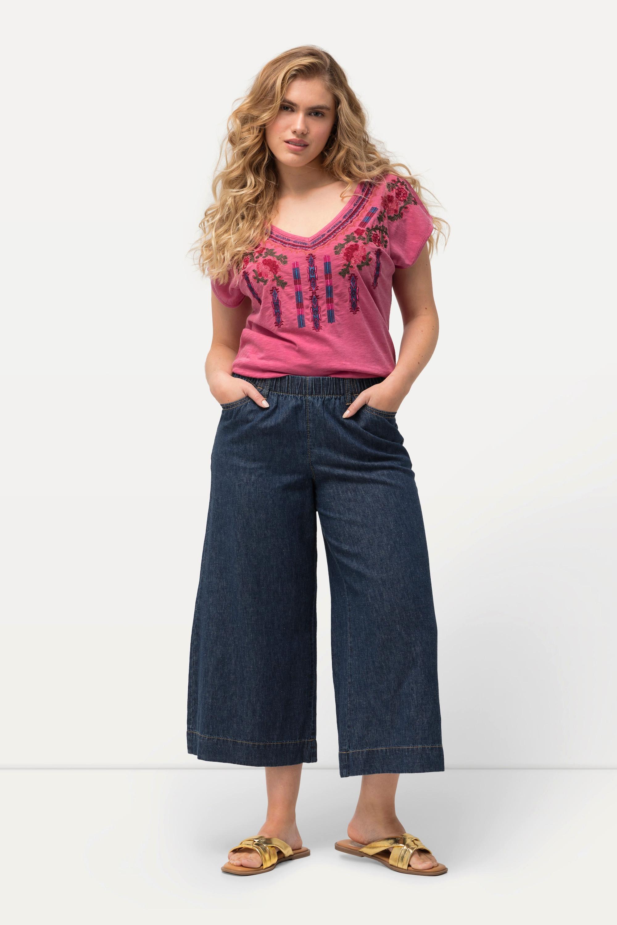 Ulla Popken  Culottes in misto lino con taglio della gamba ampio e cintura elastica 