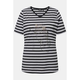 Ulla Popken  T-Shirt, Ringel, Metallic-Tiermotiv, V-Ausschnitt, Halbarm 