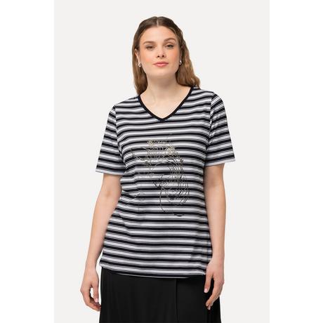 Ulla Popken  T-Shirt, Ringel, Metallic-Tiermotiv, V-Ausschnitt, Halbarm 