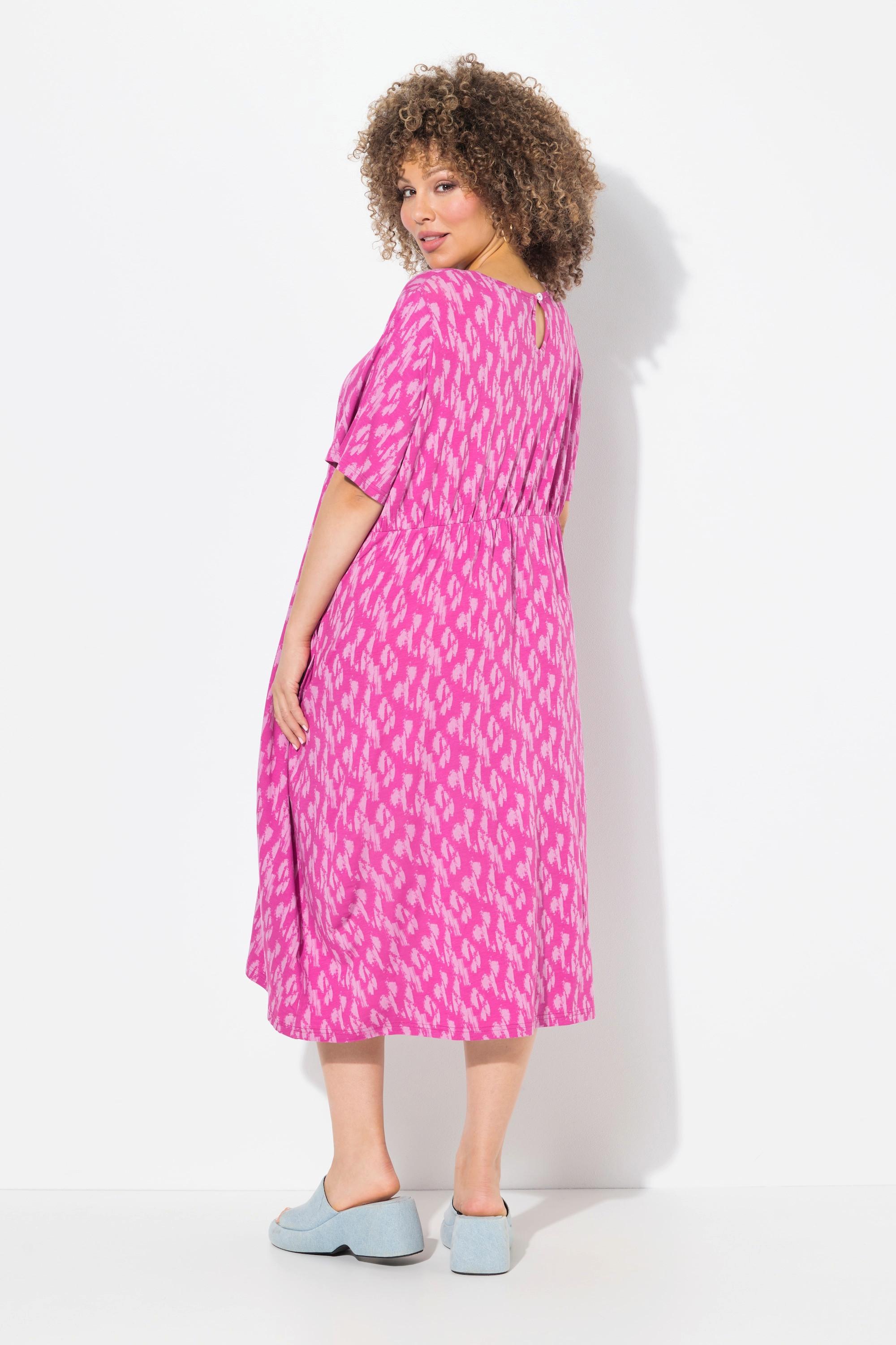 Ulla Popken Robe Midi Jersey Pois Plis Ronds Manches Courtes  