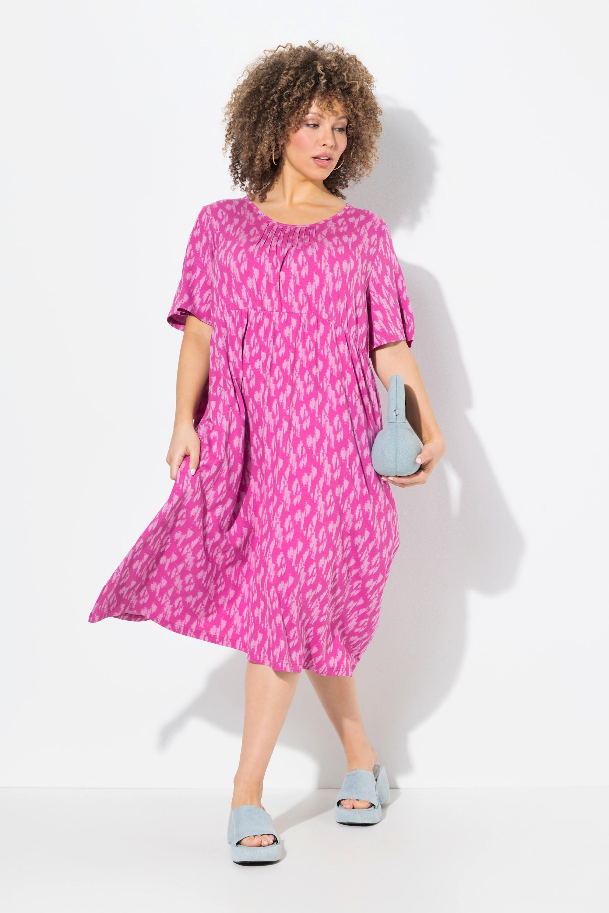 Ulla Popken Robe Midi Jersey Pois Plis Ronds Manches Courtes  