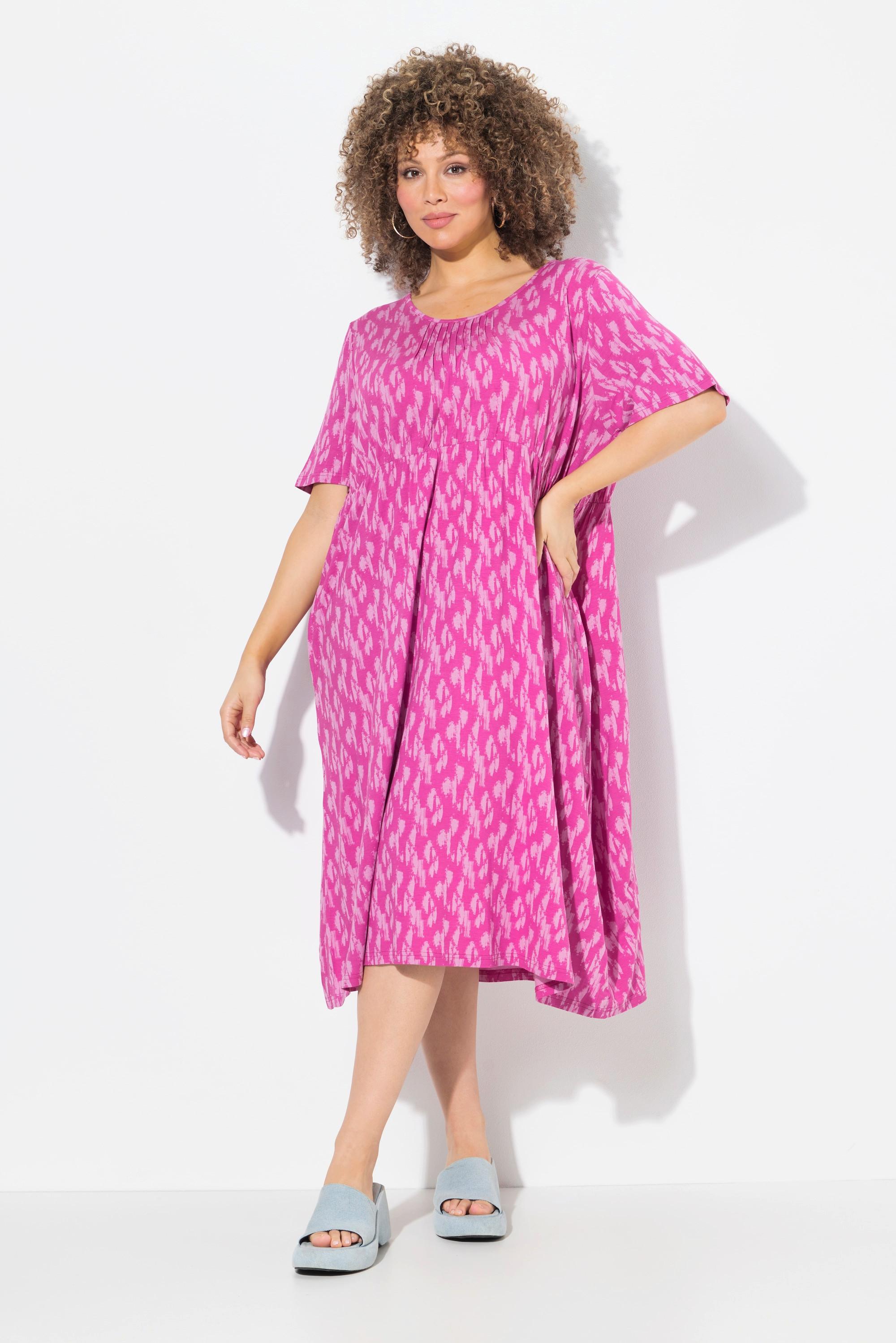 Ulla Popken Robe Midi Jersey Pois Plis Ronds Manches Courtes  