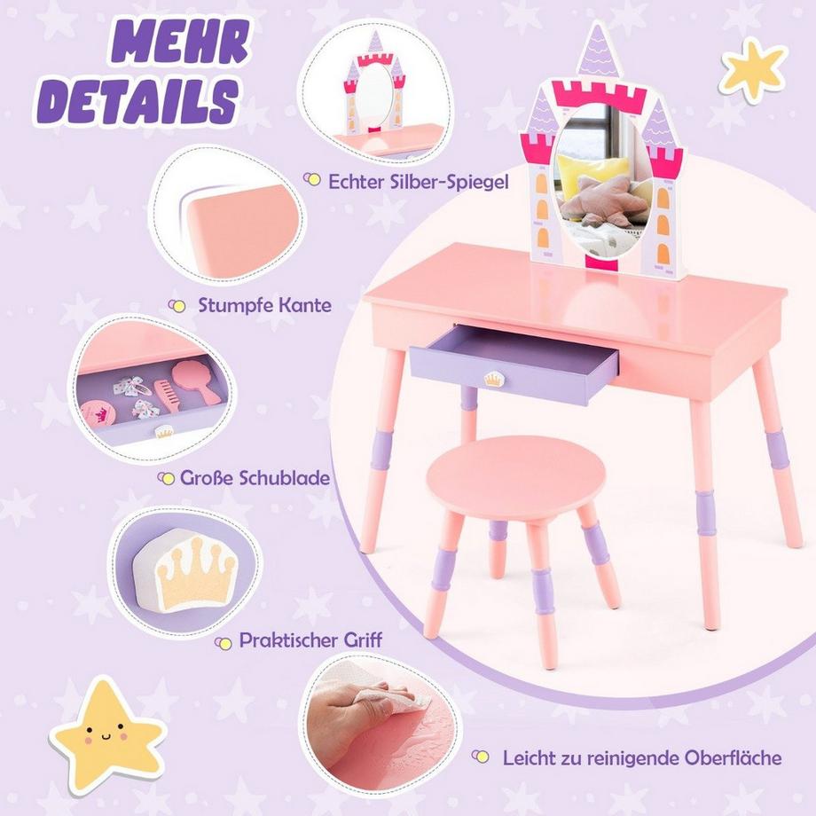 Northix  Toilette per bambini 2 in 1 con set di toeletta sgabello in legno rosa 