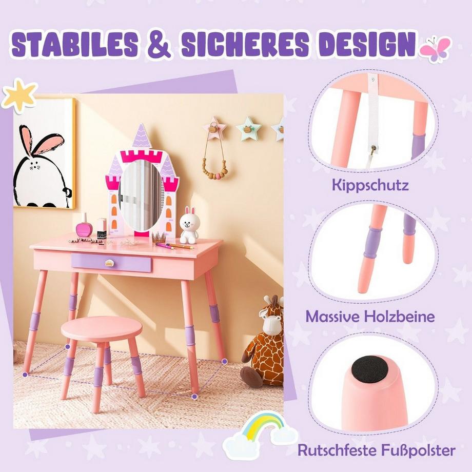 Northix  Toilette per bambini 2 in 1 con set di toeletta sgabello in legno rosa 