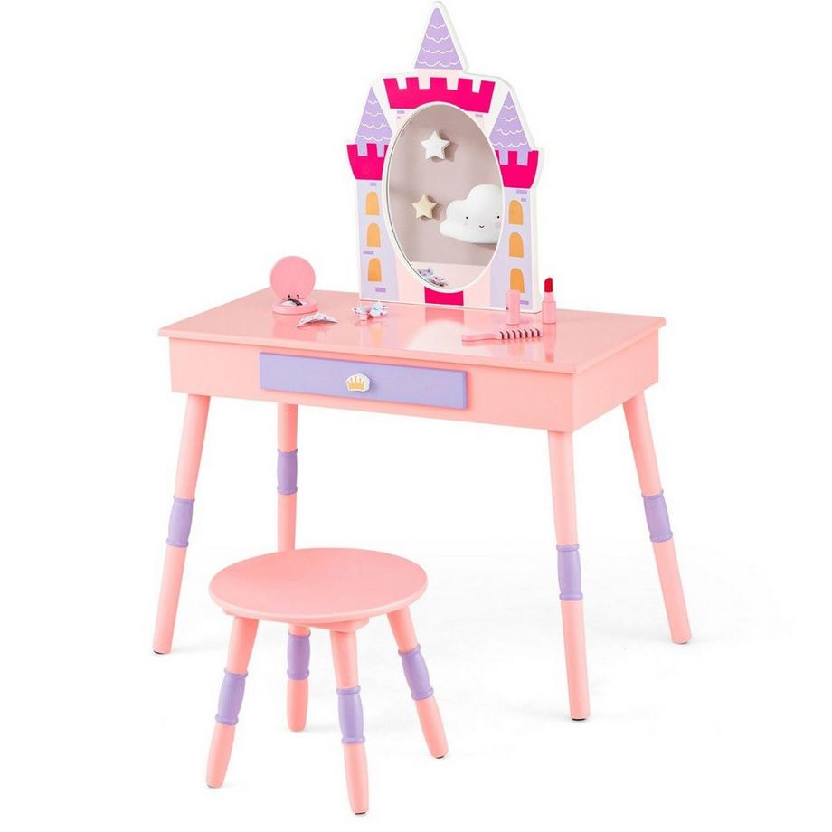Northix  Toilette per bambini 2 in 1 con set di toeletta sgabello in legno rosa 