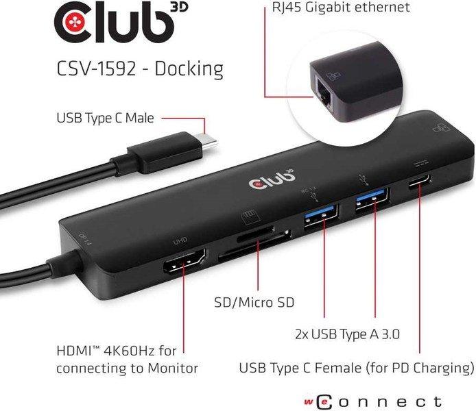 Club3D  USB type C 7in1 Hub HDMI 4K60Hz SD TF Card slot 2x USB Type A USB Type C PD RJ45 
