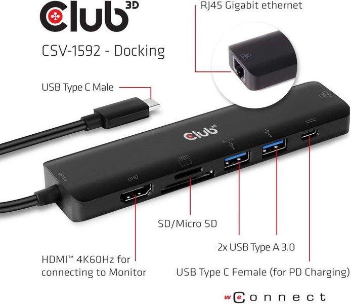 Club3D  CSV-1592 station d'accueil USB 3.2 Gen 1 (3.1 Gen 1) Type-C Noir 