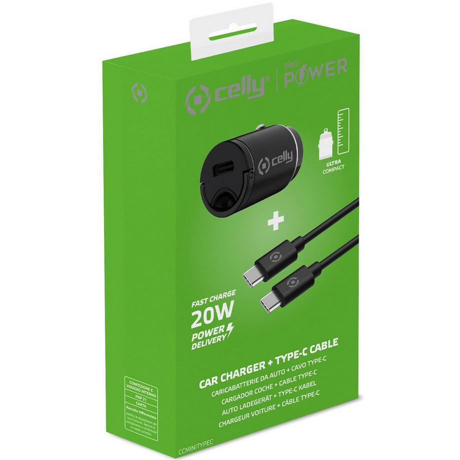 Celly  Chargeur voiture Mini USB-C PD 20W + câble USB-C vers USB-C 