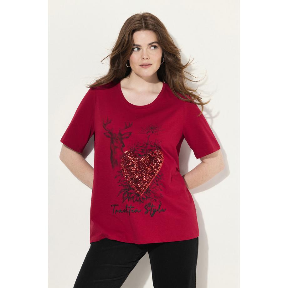 Ulla Popken Cerf Paillettes Col Rond Manches Courtes T-Shirt  