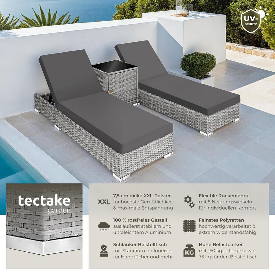 Tectake 2 Rattan Sonnenliegen mit Tisch, 5-fach verstellbar, inkl. Schutzhülle, wetterbeständig  