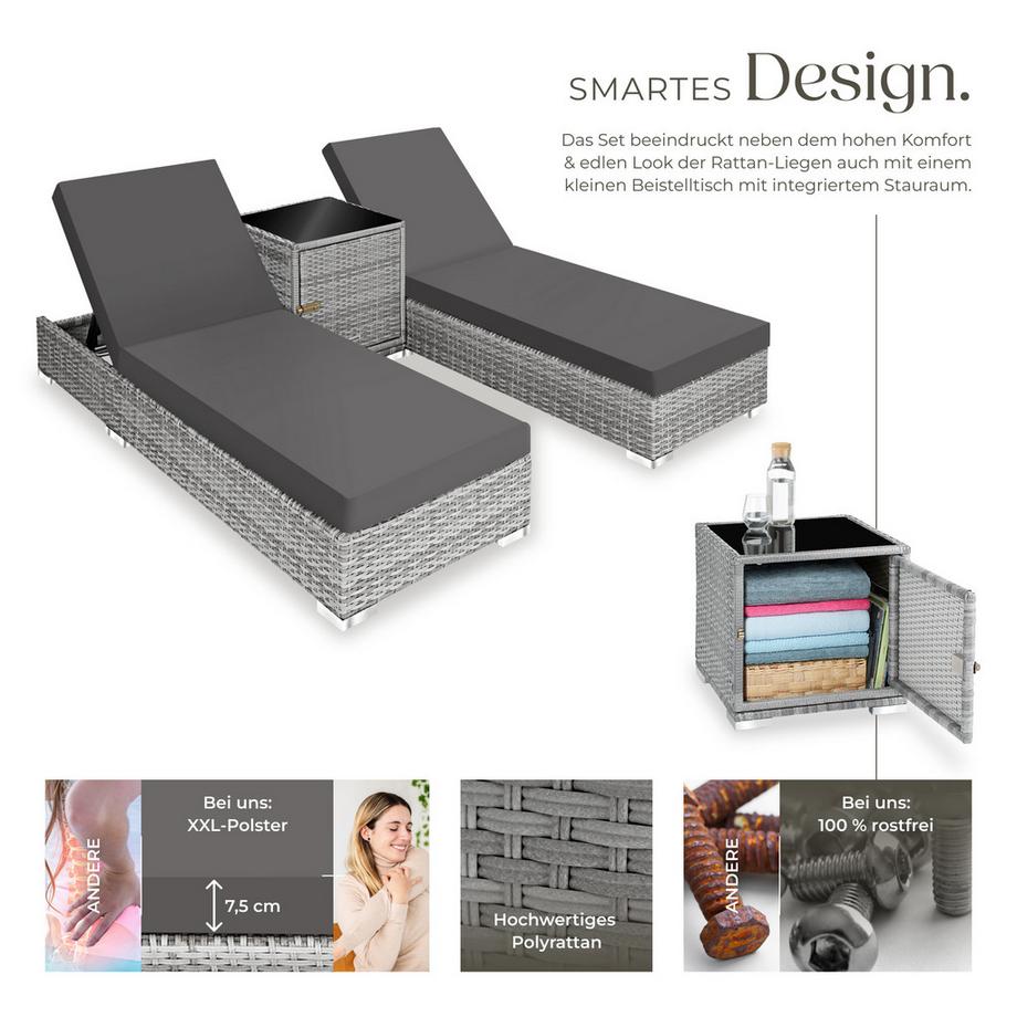 Tectake 2 Rattan Sonnenliegen mit Tisch, 5-fach verstellbar, inkl. Schutzhülle, wetterbeständig  