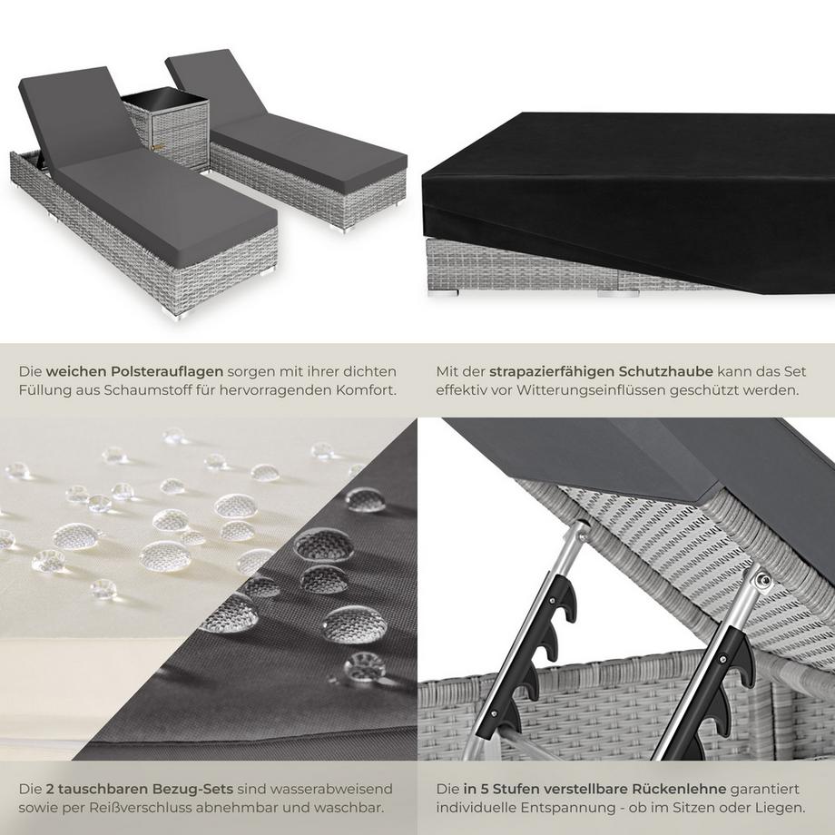 Tectake 2 Rattan Sonnenliegen mit Tisch, 5-fach verstellbar, inkl. Schutzhülle, wetterbeständig  