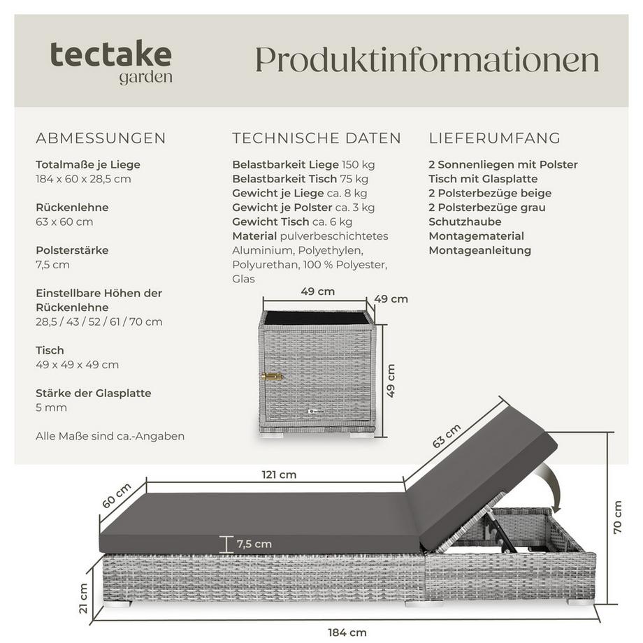 Tectake 2 Rattan Sonnenliegen mit Tisch, 5-fach verstellbar, inkl. Schutzhülle, wetterbeständig  