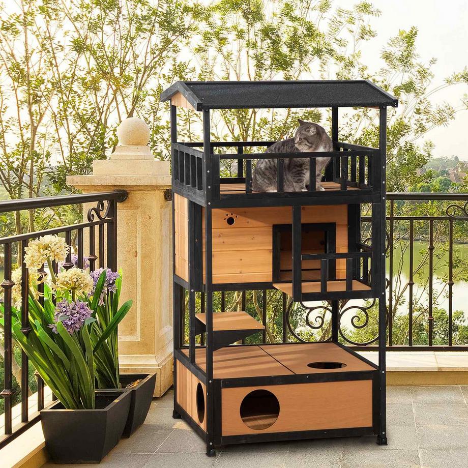 Northio  Maison Pour Chat En Bois De Sapin, Terrasse Extérieure, Grotte Pour Chat, 4 Niveaux, Escaliers, Toit En Asphalte, Résistant À L'Hiver, Jaune, 75,5 X 75 X 137 Cm 