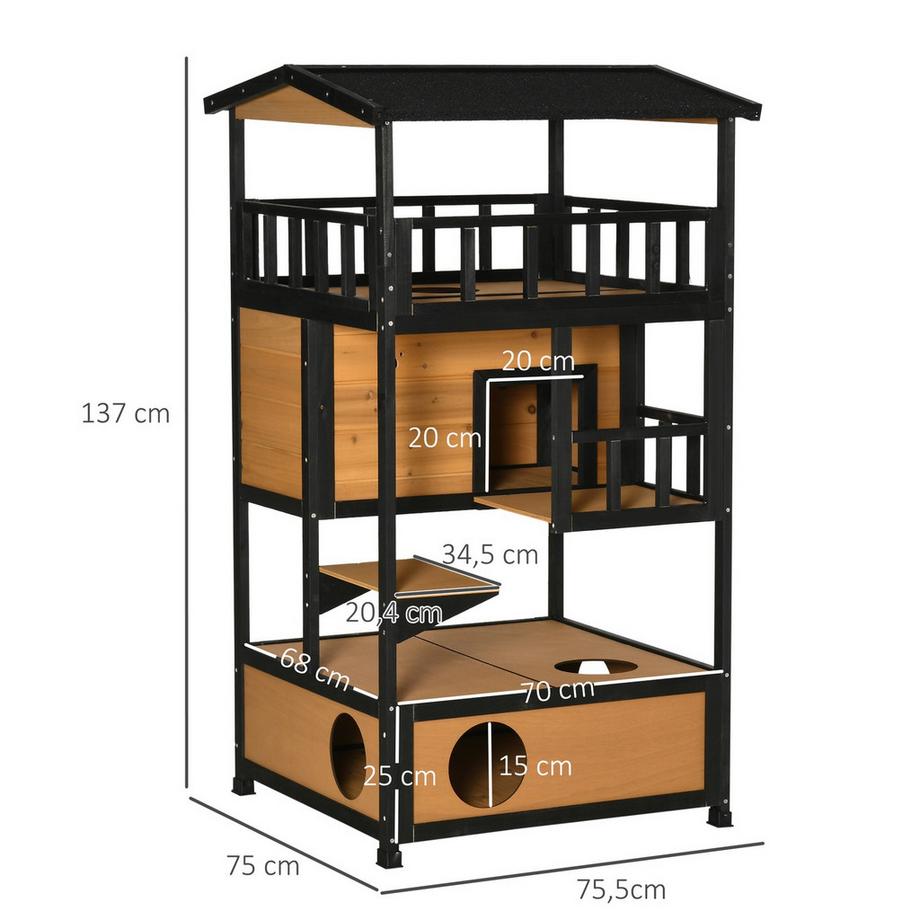 Northio  Maison Pour Chat En Bois De Sapin, Terrasse Extérieure, Grotte Pour Chat, 4 Niveaux, Escaliers, Toit En Asphalte, Résistant À L'Hiver, Jaune, 75,5 X 75 X 137 Cm 