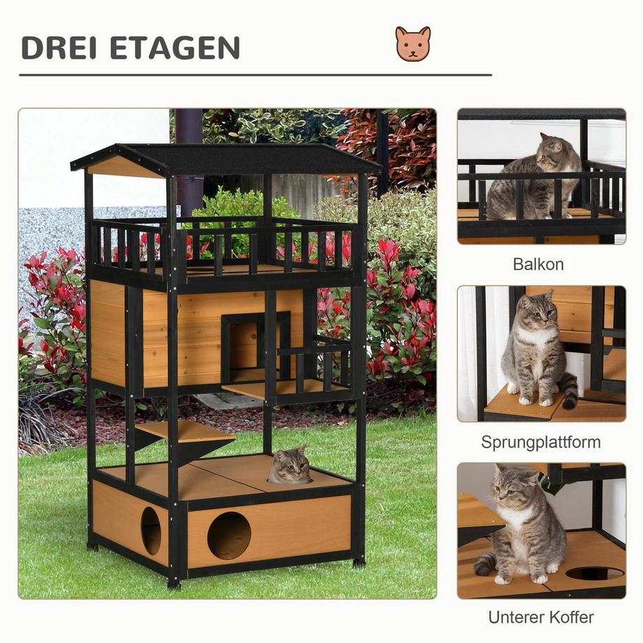 Northio  Maison Pour Chat En Bois De Sapin, Terrasse Extérieure, Grotte Pour Chat, 4 Niveaux, Escaliers, Toit En Asphalte, Résistant À L'Hiver, Jaune, 75,5 X 75 X 137 Cm 