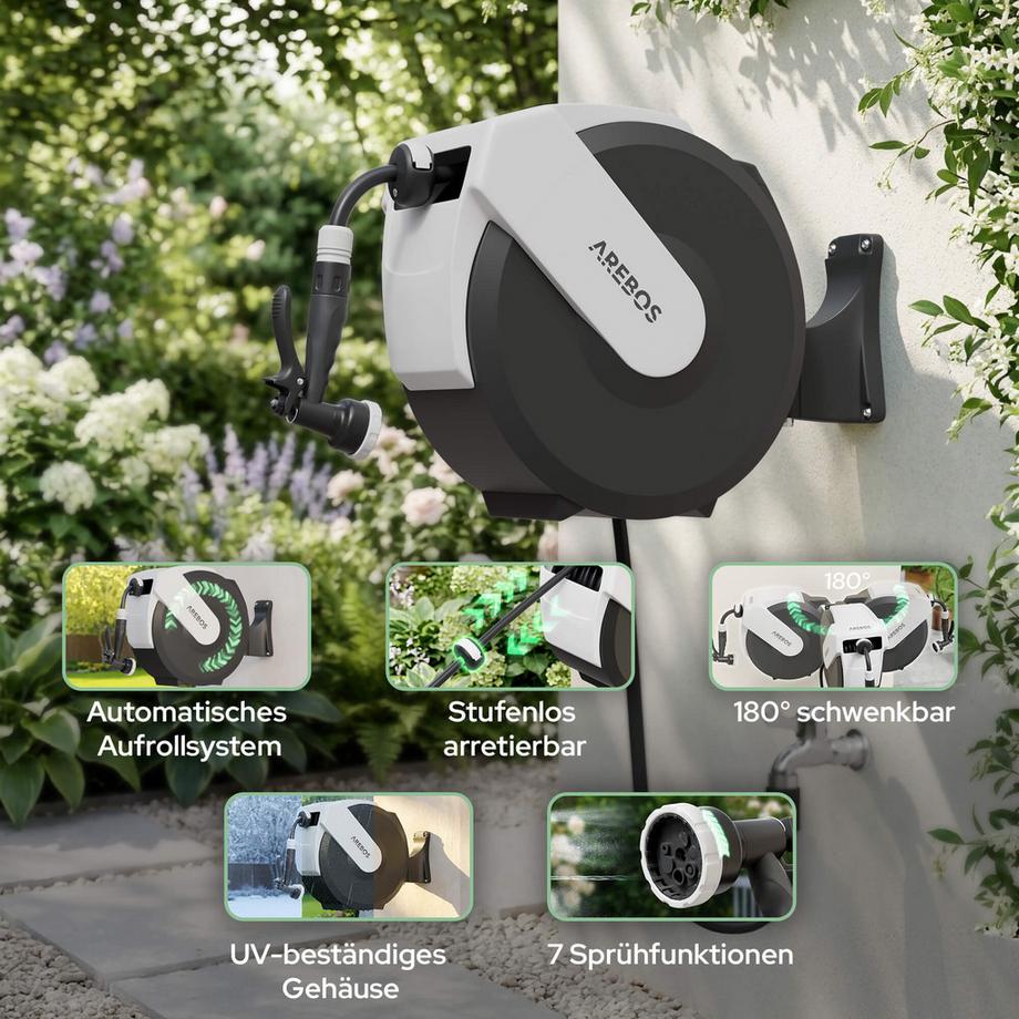 Arebos  Automatischer Gartenschlauchaufroller 35m 