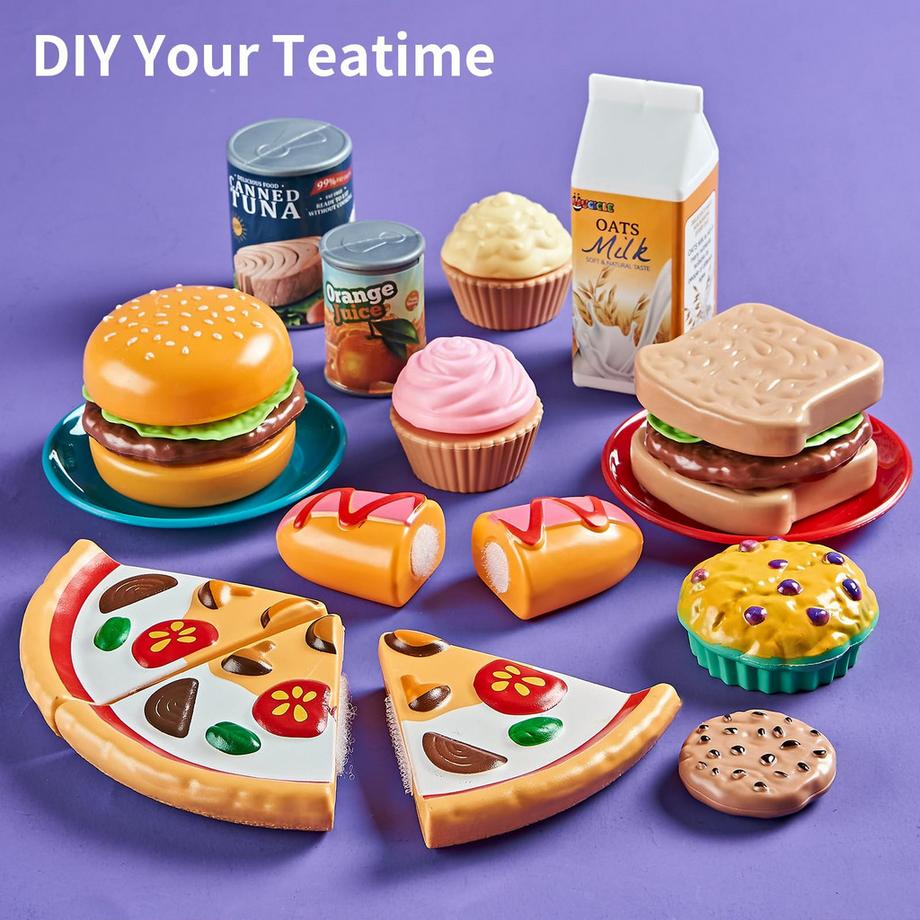 Activity-board  Pretend Spiel Essen für Kinder Küche, 78-teiliges Spiel Lebensmittel-Set für Kinder Küche mit Aufbewahrungstasche, gefälschte Lebensmittel mit Pizza Spielzeug 