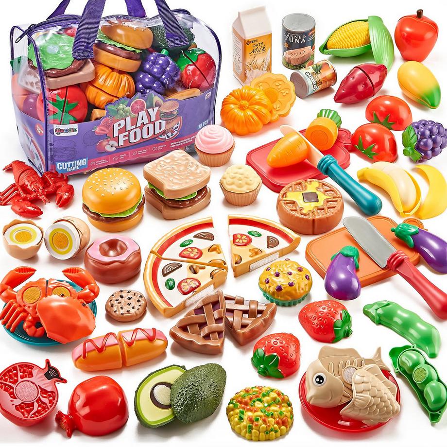 Activity-board  Pretend Spiel Essen für Kinder Küche, 78-teiliges Spiel Lebensmittel-Set für Kinder Küche mit Aufbewahrungstasche, gefälschte Lebensmittel mit Pizza Spielzeug 