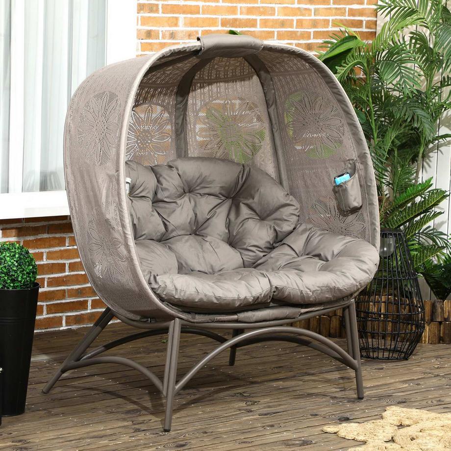 Northio Gartenstuhl 2-Sitzer, Korb-Stuhl Mit Faltbarem Korb, Papasansessel Mit Kissen, Loungesessel Für Balkon, Terrasse, Stahl, Sand, 126 X 75 X 142 Cm  