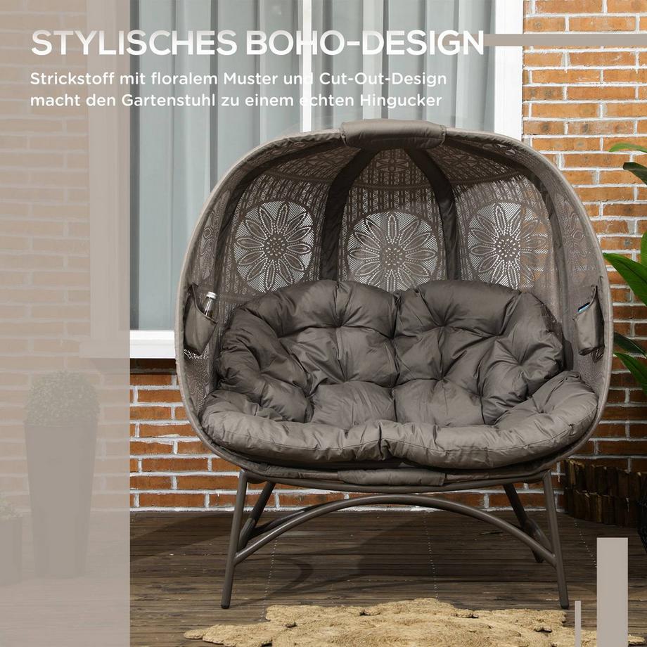 Northio Gartenstuhl 2-Sitzer, Korb-Stuhl Mit Faltbarem Korb, Papasansessel Mit Kissen, Loungesessel Für Balkon, Terrasse, Stahl, Sand, 126 X 75 X 142 Cm  