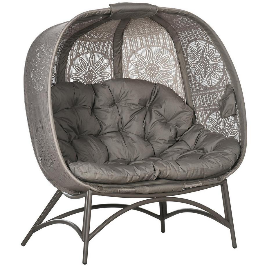 Gartenstuhl 2-Sitzer, Korb-Stuhl Mit Faltbarem Korb, Papasansessel Mit Kissen, Loungesessel Für Balkon, Terrasse, Stahl, Sand, 126 X 75 X 142 Cm