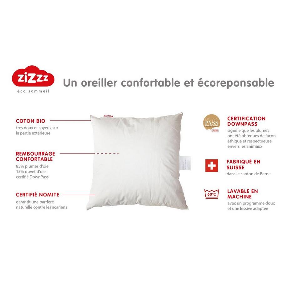 Zizzz Oreiller Premium Duvet d'Oie Bio Nomite Downpass  
