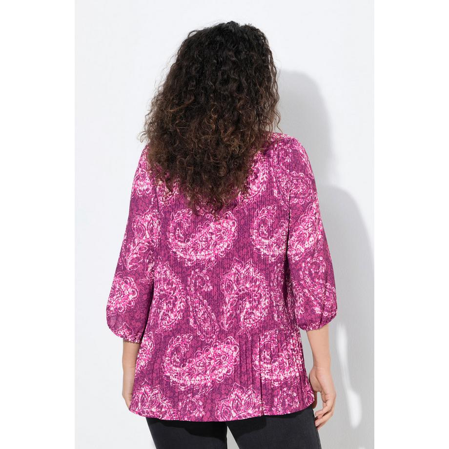Ulla Popken Plissee Bluse Paisley Rundhals 3/4 Arm Doppellagig  