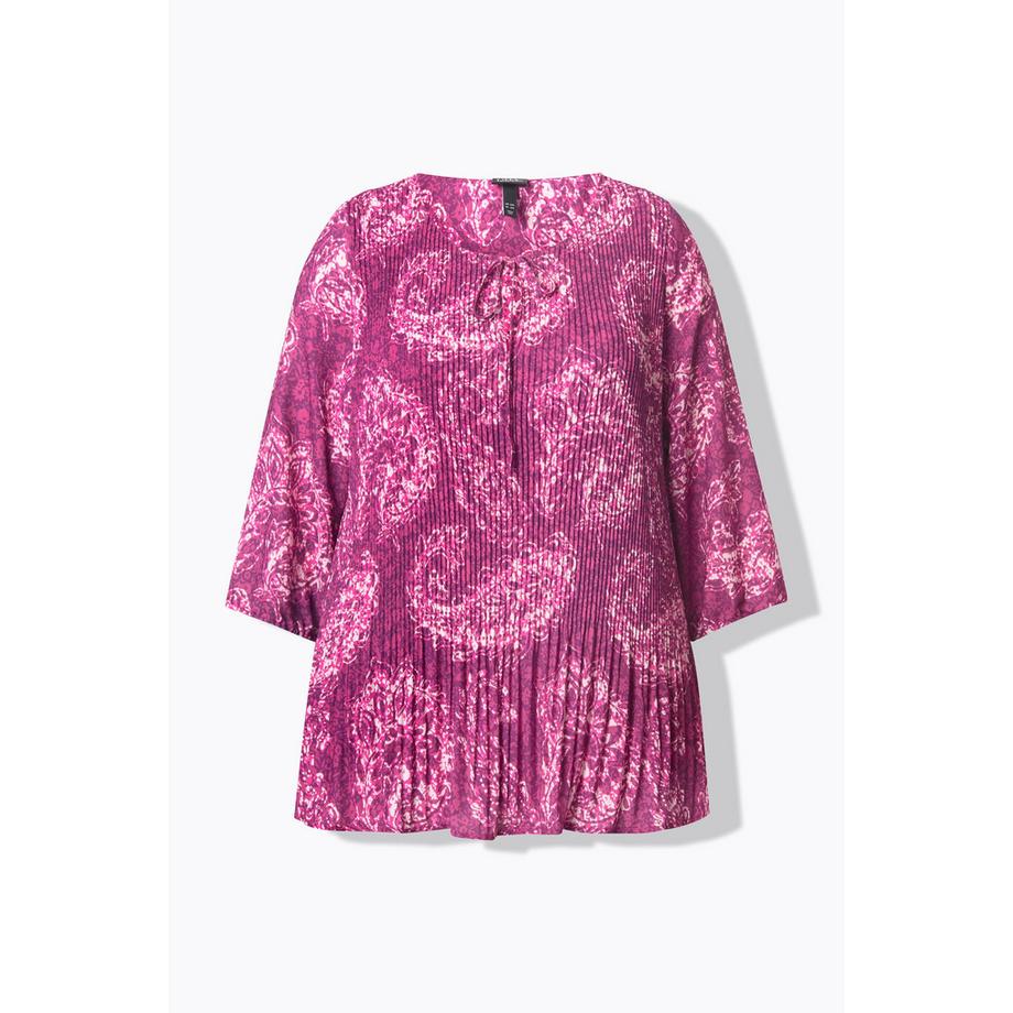 Ulla Popken Plissee Bluse Paisley Rundhals 3/4 Arm Doppellagig  