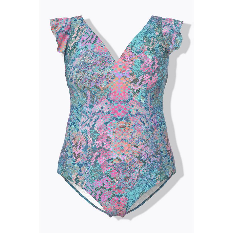 Ulla Popken Costume da bagno Stampa Serpente Volant Maniche ad Aletta Coppe Morbide  