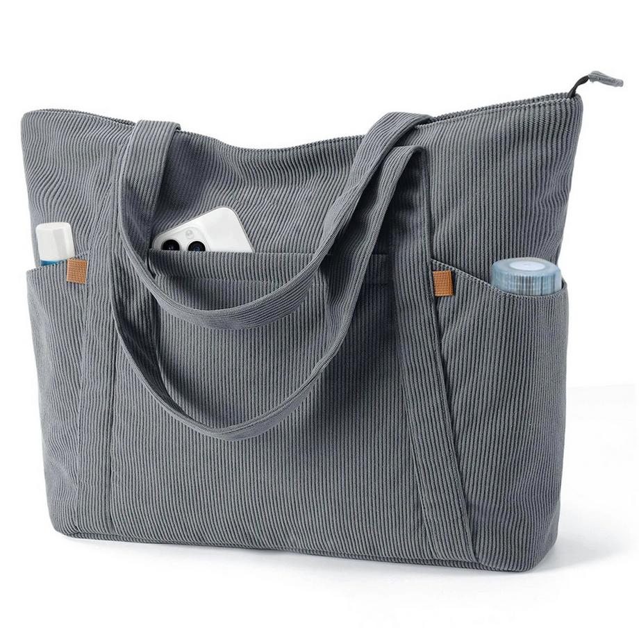 Cordtasche, große Einkaufstasche, Strandtasche mit Reißverschluss, Einkaufstasche, Laptoptasche Laptopfach