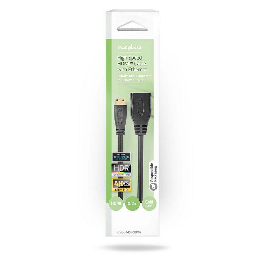 Nedis  Câble HDMI™ haute vitesse avec Ethernet | HDMI™ Mini Connecteur | HDMI™ Sortie | 4K@30Hz | 10.2 Gbps | 0.20 m | Rond | PVC | Noir | Boîte 