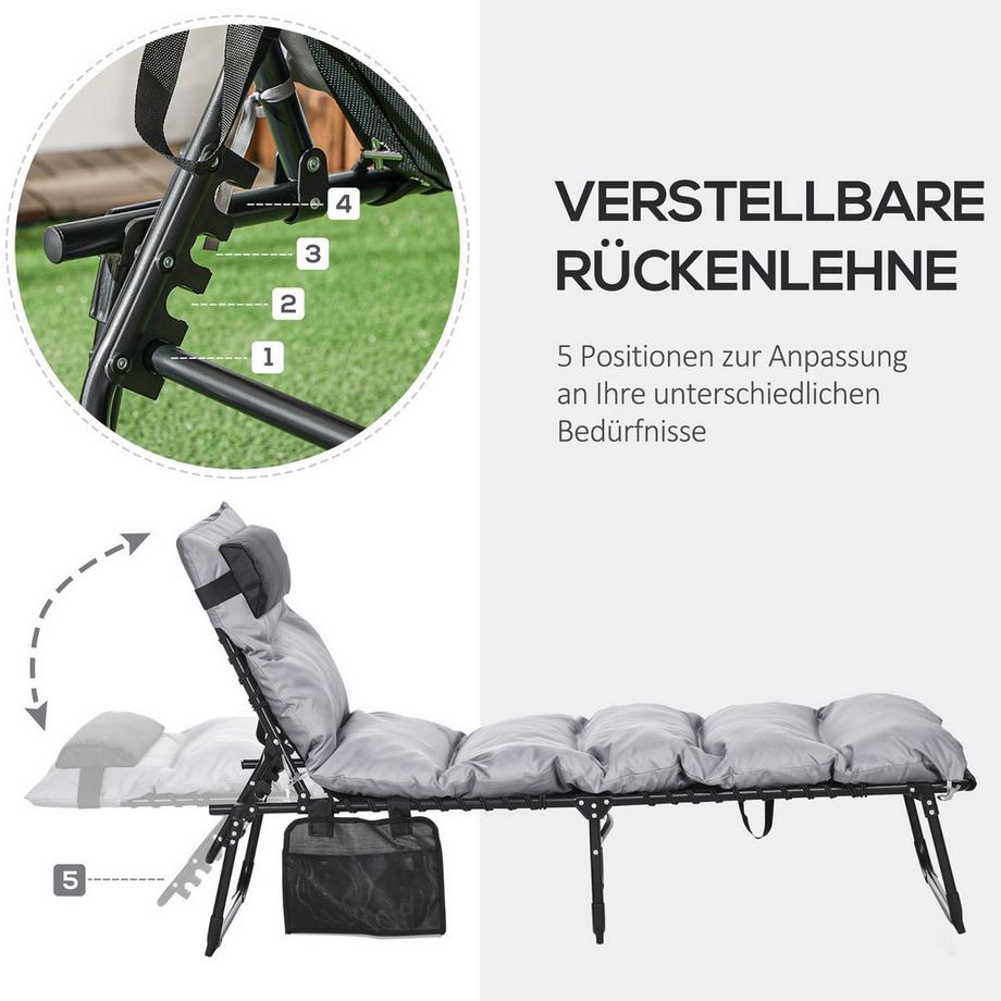 Northio  Feldbett, Klappbett, Campingliege Mit Tasche, Verstellbar Mit Kopfkissen Bis 120 Kg, Hellgrau, Stahl, Polyester, 58 X 189 X 32,5Cm 