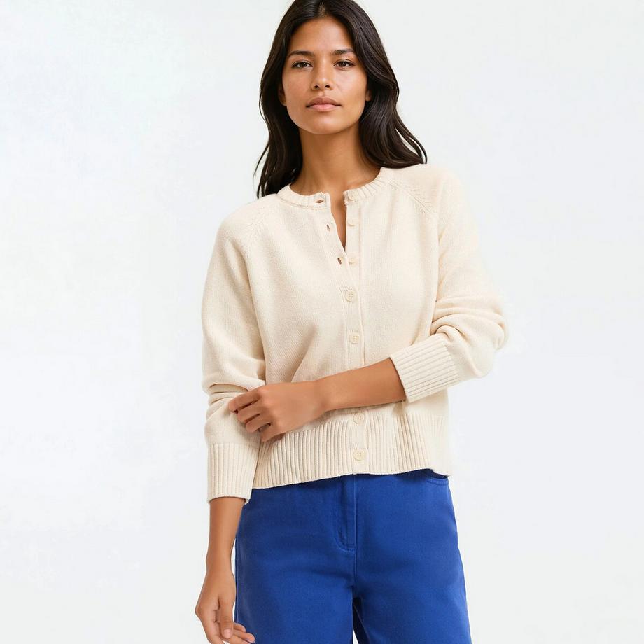 Kurze Strickjacke mit Rundhalsausschnitt aus Woll- und Baumwollgemisch