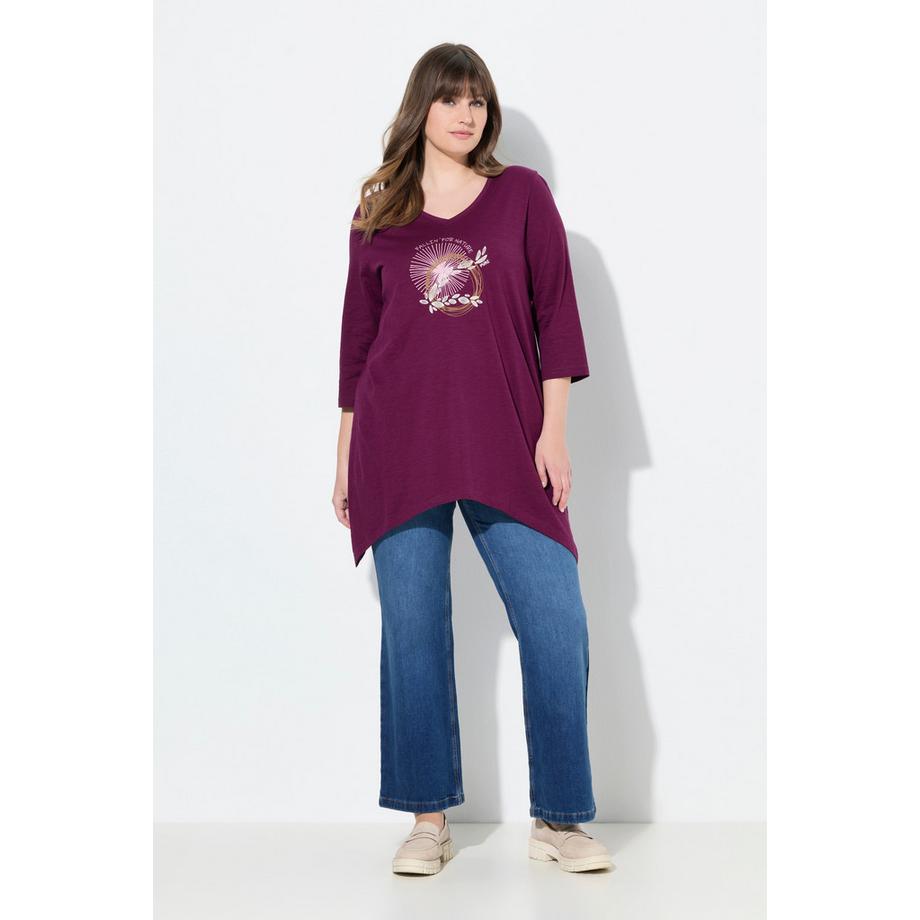 Ulla Popken Broderie Col V Manches 3/4 Coton Bio T-shirt  