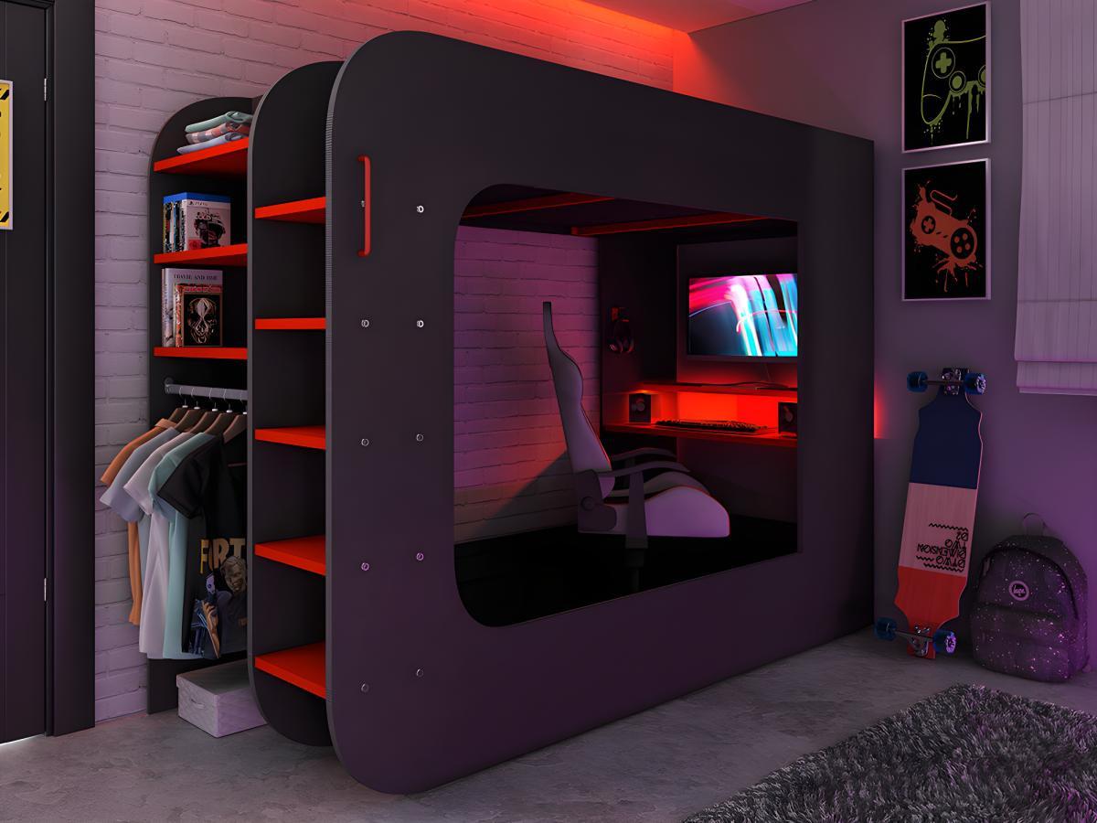 Vente-unique Letto a soppalco gamer con scrivania scomparti e LED Antracite e Rosso WARRIOR  