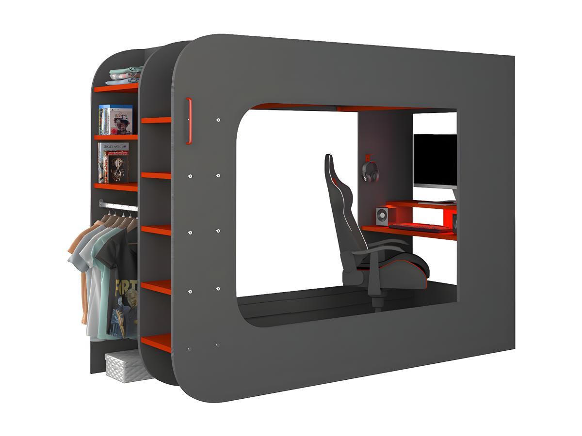 Vente-unique Lit mezzanine gamer Avec bureau rangements Avec LEDs WARRIOR  