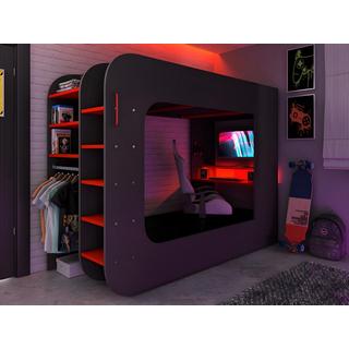 Vente-unique Letto a soppalco gamer con scrivania scomparti e LED Antracite e Rosso WARRIOR  