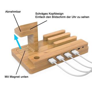 Cadorabo  Docking Station - Ladestation aus Echtholz Bambus - Power Station Plattform mit integrierter USB Multischnittstelle für alle Smartphones und Smartwatches 