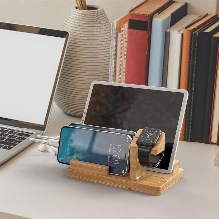 Cadorabo  Docking Station - Ladestation aus Echtholz Bambus - Power Station Plattform mit integrierter USB Multischnittstelle für alle Smartphones und Smartwatches 
