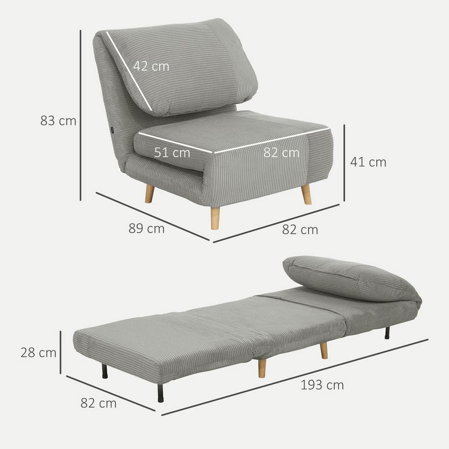 Northio 2-in-1 Schlafsofa Schlafsessel Verstellbar Klappmatratze Gästebett im Cord-Optik, für Schlafzimmer, Wohnzimmer Grau 82 x 89 x 83 cm Aosom  